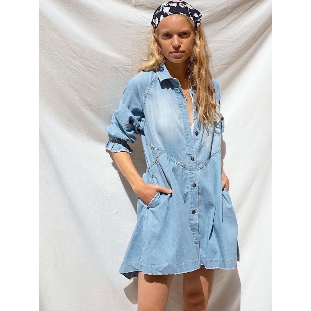Free People Hannah Denim Mini Dress Sz Small Distressed Light Blue Denim - Picture 2 of 10